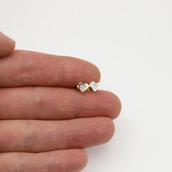 14k Heart Stud Earring Screw Back Mini Size Lab Diamonds - Picture 3 of 6